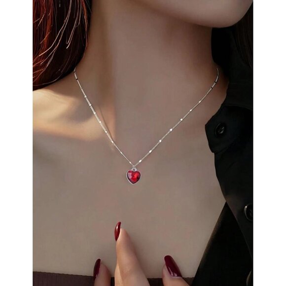Heart-Shaped Red Crystal Pendant Necklace 925 Sterling Silver Women Jewe…